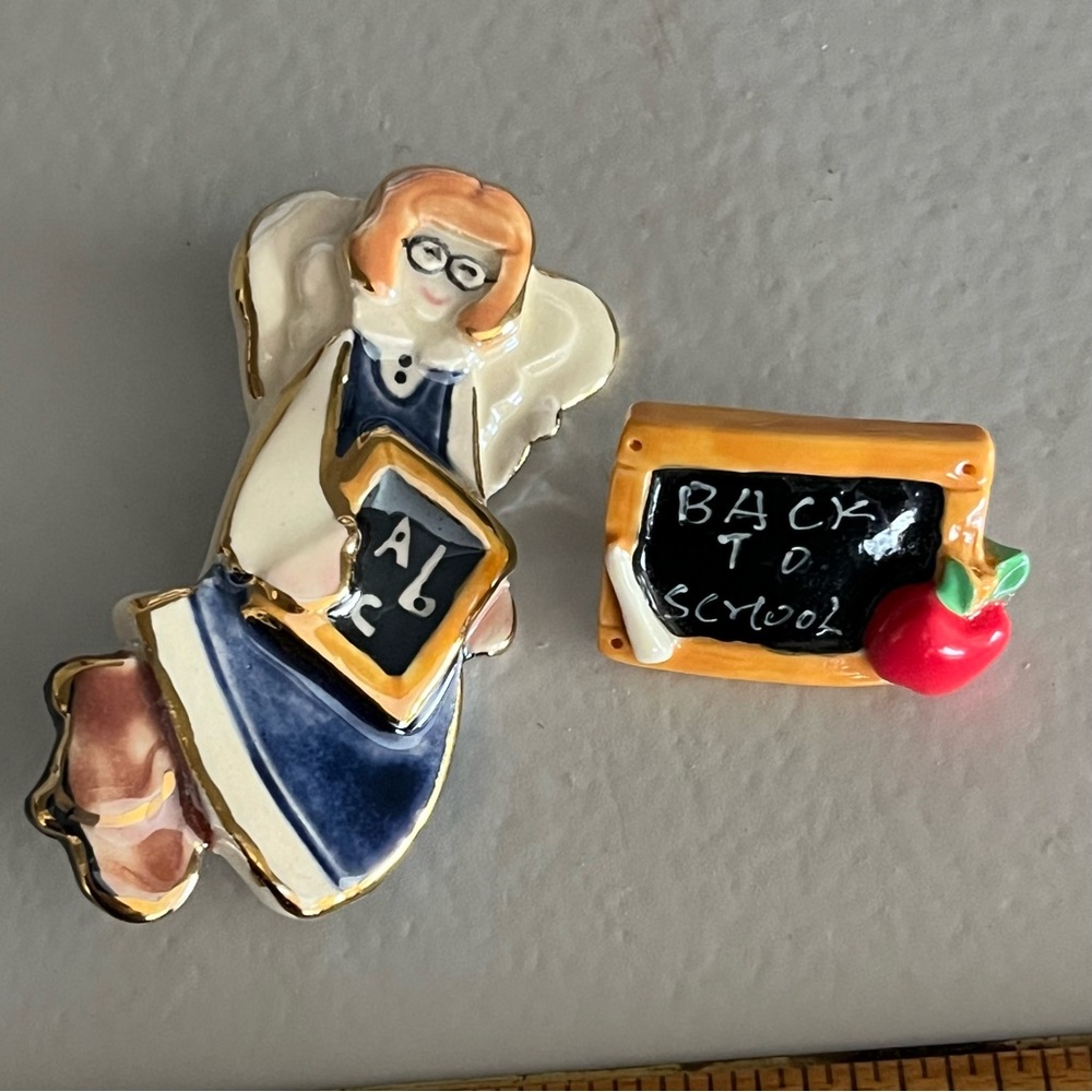2 Teacher Angel Set Pin Brooch Iridescent School Teacher Chalkboard gift Vintage